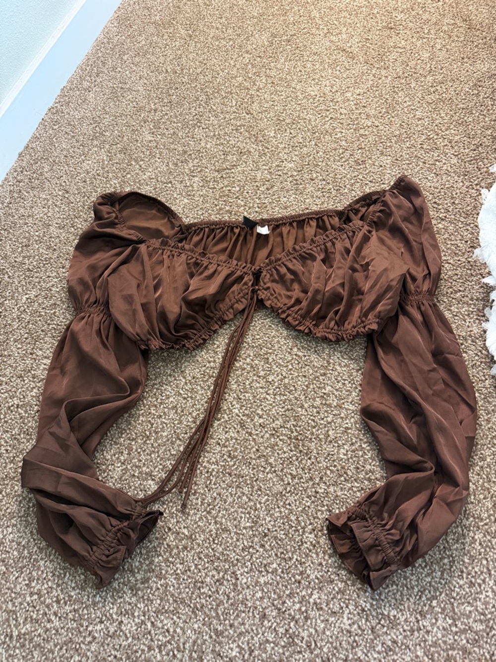 Divided Brown Long Sleeve Cropped Peasant Top